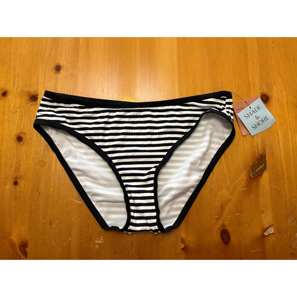 Shade & Shore Black‎ White Striped Ribbed Low Rise Bikini Bottom Medium NWT
